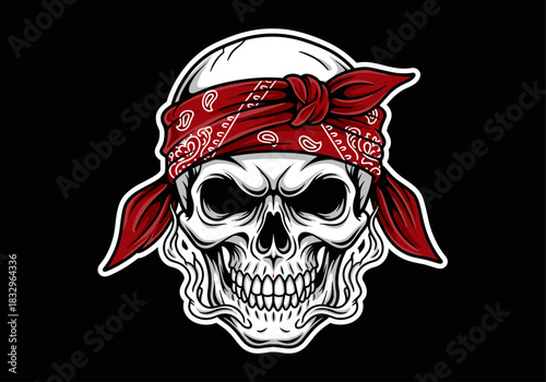 Aggressive skull with red bandana on black background in tattoo style illustration