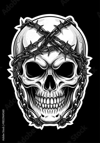 Aggressive skull entangled in barbed wire and chains on dark background in monochrome style