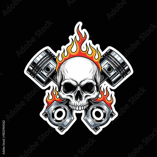 Flaming skull with crossed pistons and engine elements in bold mechanic tattoo style
