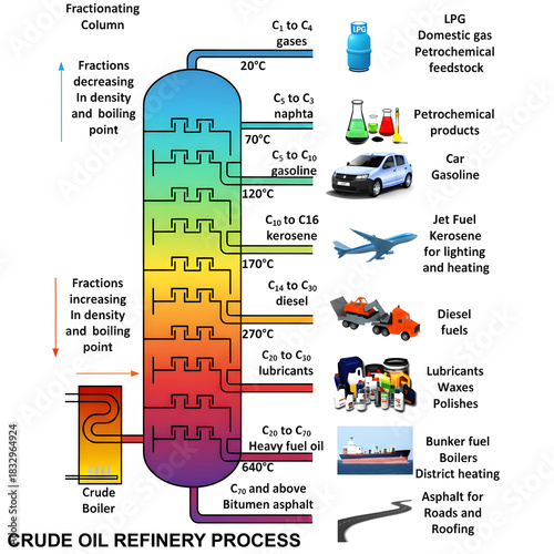 Crude Oil Refinery Process, showing fractional distillation in a column, separating crude oil into various products like LPG, gasoline, kerosene, diesel, and asphalt by their boiling points