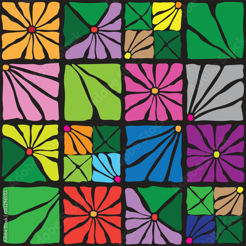 Various design of colorful graphic flower on square shape.