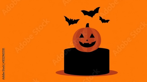 Carved pumpkin Jack O Lantern on black cake stand with three flying bats against bright orange backdrop creating Hallowe