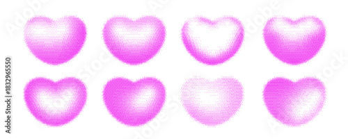 Pink pixel hearts with y2k halftone effect.  Grainy  texture heart. Love icons, symbols set. Gradient square texture. Retro 8 bit game style. 