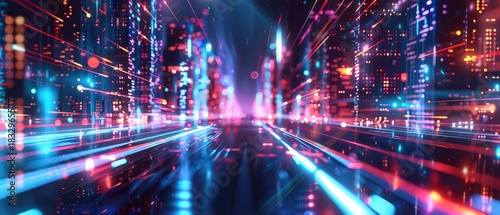 Vibrant abstract city with glowing neon lights and motion blur, symbolizing technology, speed, and digital innovation.