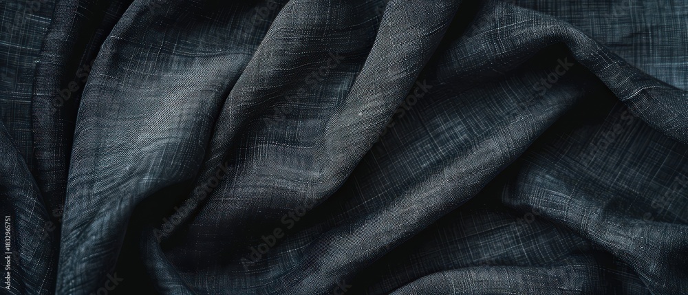 Fototapeta premium Detailed close-up of wrinkled dark linen fabric with visible weave and texture, ideal for textile backgrounds and design uses.