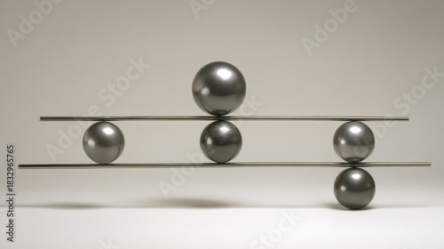 Five metallic spheres of varying sizes balanced on two parallel metal rods against a neutral background,