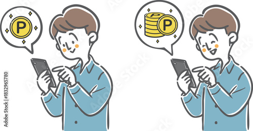 スマホでポイ活をする男性　ベクター
