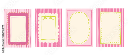 Cute childish frames with bow and stripes Squiggle photo borders. Wiggly groovy shapes, funky vector text boxes set.