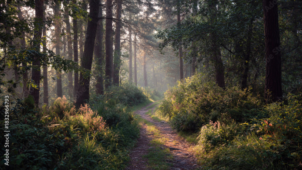Obraz premium A serene forest path winds through misty trees, illuminated by golden morning light and sun rays piercing lush green foliage.
