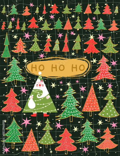 Cute Christmas vector card with a funny Santa Claus for holiday banners, flyers and backgrounds