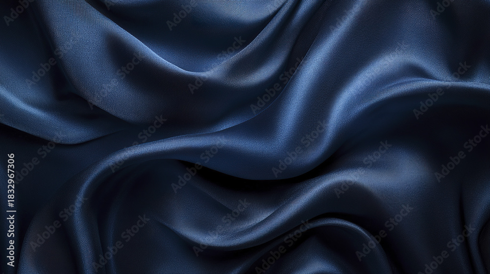 Fototapeta premium Smooth blue satin fabric with elegant folds and soft texture creating luxurious and calming visual effect in deep navy tones