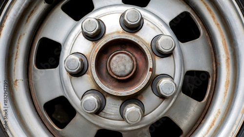 Close up of worn metal wheel hub with heavy duty lug nuts showing texture and rust detail