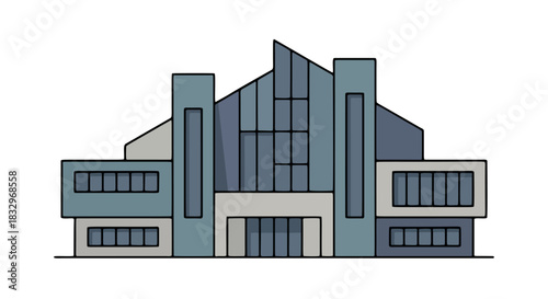 Modern Architectural Building Facade with Geometric Design and Glass Elements