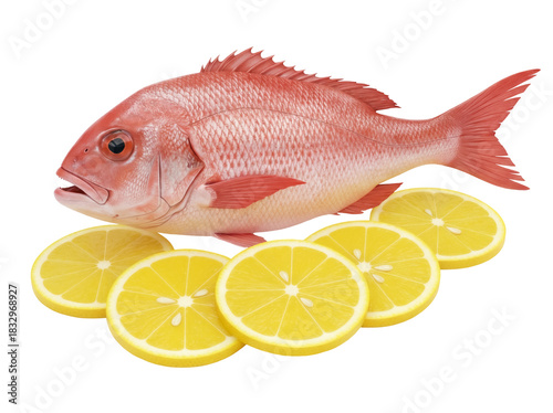 Schilderij op canvas Vibrant red snapper fish PNG isolated with lemon slices on transparent backgroun