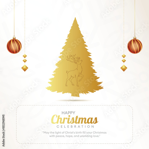 Golden Christmas Tree Illustration with Ornaments on Elegant White Background