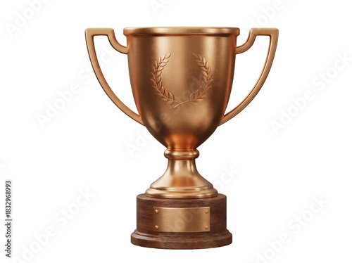 Golden trophy cup with laurel wreath isolated PNG on transparent background, award prize for winning and achievement concept