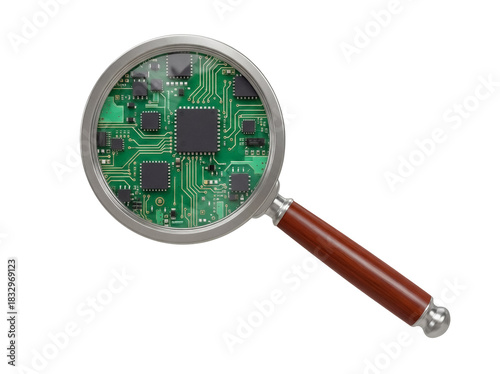 Magnifying glass with circuit board isolated PNG, close-up view of electronic components on transparent background for technology and science concepts