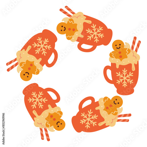 Christmas wreath made of cute mugs with gingerbread cookies, whipped cream and candy canes. Festive winter circle composition for cards, stickers, invitations, holiday deco. Simple vector illustration