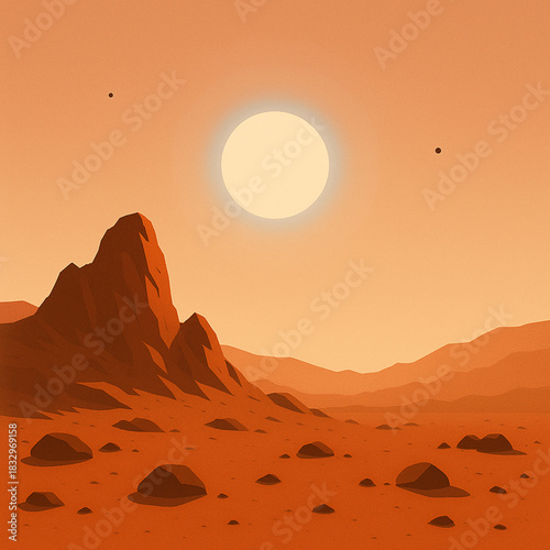 Vector Illustration of the Sun viewed from Mars with tiny Phobos and Deimos visible in the sky