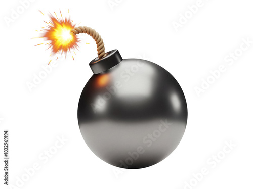 Cartoon bomb with burning fuse isolated PNG, classic round explosive device on transparent background, danger and destruction concept