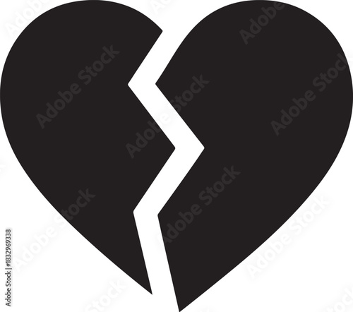 Black silhouette icon of a broken heart split in two pieces by a jagged white line, symbolizing heartbreak, sadness, and relationship trouble, isolated on icon on