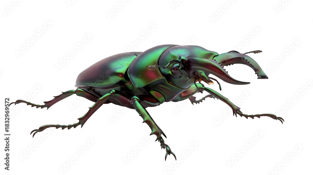 Naklejka premium Iridescent stag beetle PNG isolated on transparent background, shiny insect with large mandibles and detailed exoskeleton, nature wildlife