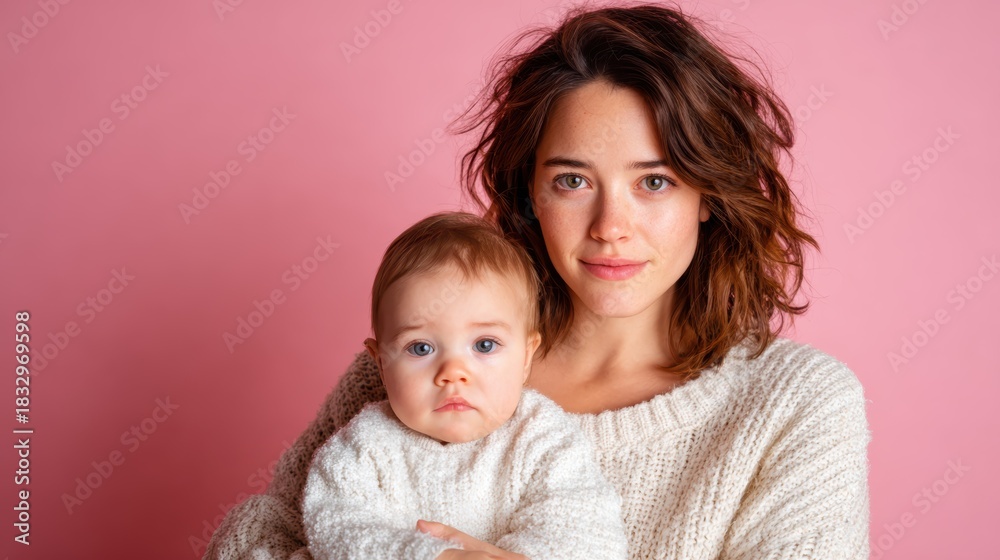© Larisa AI - A tender portrait of a mother cradling her baby in cozy sweaters, both radiating warmth against a soft pink backdrop, symbolizing love, nurturing, and familial bonds in a gentle setting.