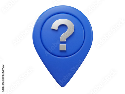 Blue map pointer with question mark isolated PNG, location pin icon for navigation and travel apps on transparent background