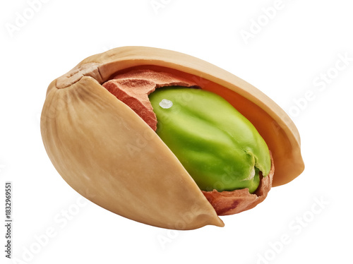 Pistachio nut in cracked shell isolated PNG, healthy snack food with green kernel on transparent background