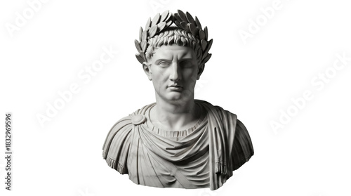 Schilderij op canvas Marble bust of Roman emperor with laurel wreath isolated PNG, ancient sculpture