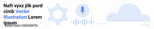 Cloud computing, voice recognition, data processing, AI technology, speech-to-text, automation. Gear icon, microphone sound waves cloud shape. Cloud computing and voice recognition concept