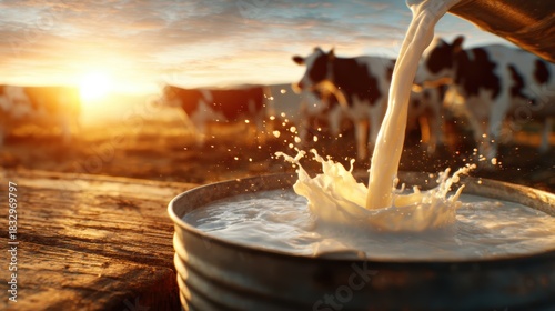 The image captures fresh milk being poured into a rustic container, surrounded by grazing cows, evoking a sense of pastoral beauty and agricultural life.