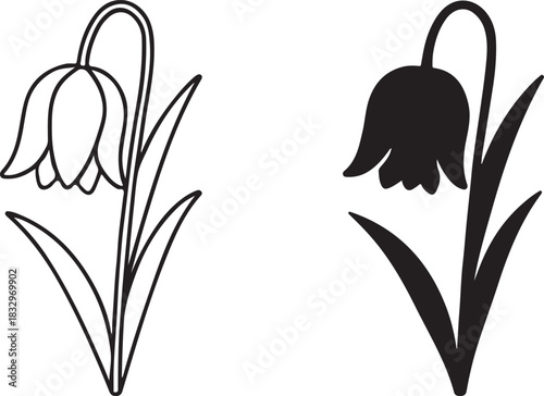 Two simple black and white outline and silhouette vector illustrations of a single drooping bellshaped flower, possibly a fritillaria or lily of the valley, with leaves, isolated on icon on