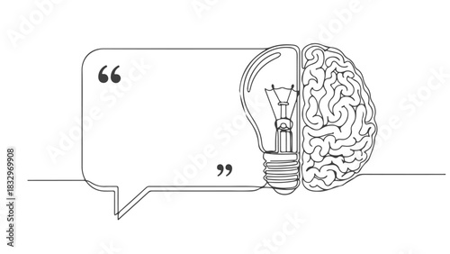 Continuous one line art drawing of a speech bubble connected to a lightbulb and brain, representing creative thinking and ideas e