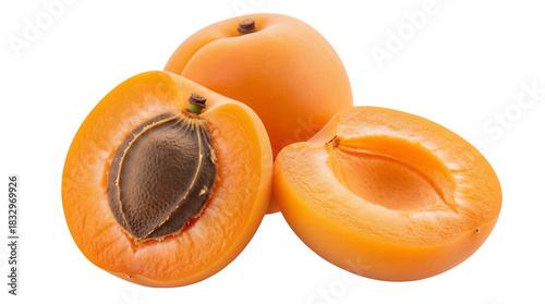 Fresh apricots isolated PNG, cut in half to show the pit, a healthy and delicious fruit for snacks and desserts on transparent background