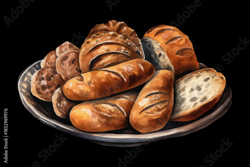Fresh Baked Bread with Poppy Seeds on Plate Vector Illustration on Black isolated Background