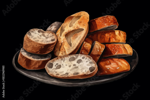 Fresh Baked Bread with Poppy Seeds on Plate Vector Illustration on Black isolated Background