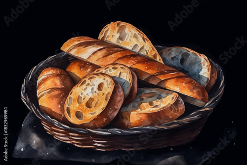 Fresh Baked Bread with Poppy Seeds on Plate Vector Illustration on Black isolated Background