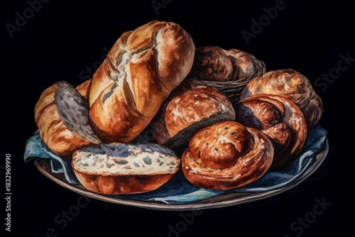 Fresh Baked Bread with Poppy Seeds on Plate Vector Illustration on Black isolated Background