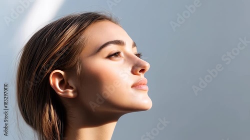 Sunlit portrait of a woman showcasing natural beauty in a serene indoor setting during early morning light