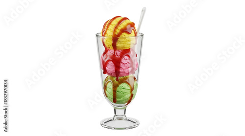 Colorful ice cream sundae with three scoops and caramel sauce isolated PNG, delicious dessert on transparent background