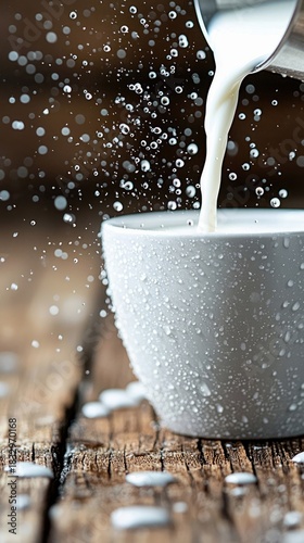 Close-up of milk being poured into a cup, with splashes and droplets on a rustic wooden surface. The image captures the motion and freshness of the liquid.