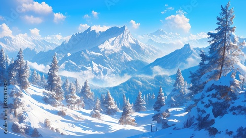 Snowy mountain landscape with frosty pine trees in the foreground and distant blue peaks under a clear winter sky, creating a peaceful nature scene.	