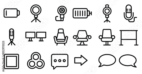Podcast and streaming line icons illustration including broadcast, recording, and online audio streaming linear visuals