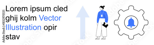 Business growth, notifications, workflow, productivity, innovation, teamwork. A gear icon with a notification bell, an arrow and a person holding documents. Business growth and notifications concept