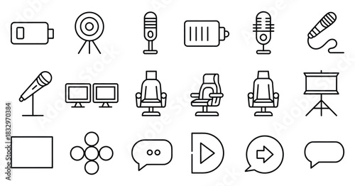 Podcast and streaming line icons illustration including broadcast, recording, and online audio streaming linear visuals