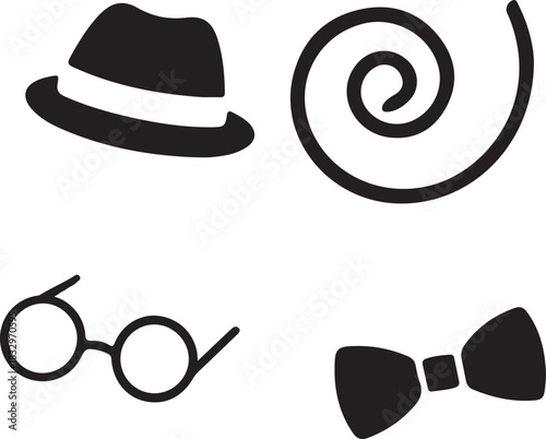 Collection of simple black and white doodle icons representing classic gentleman accessories like a fedora hat, round eyeglasses, a decorative swirl, and a bow tie, isolated on icon on