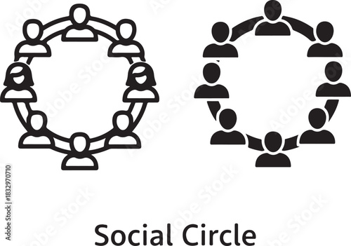 Two simple black and white icon representations of a social circle or community network showing people connected in a circular formation, isolated on icon on