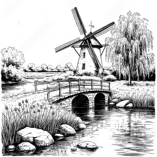 A windmill with blades and a stone bridge, black and white sketch. Vector illustration. There is river, bushes and flowers grow along the banks. The rural landscape is isolated on  white background103