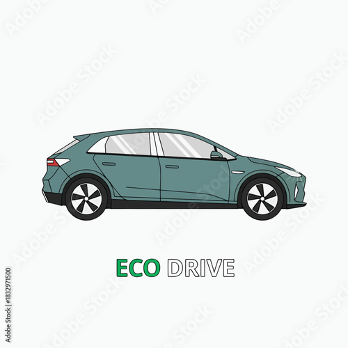 Sleek modern eco-friendly electric vehicle illustration, depicting sustainable transportation and advanced green technology for urban mobility